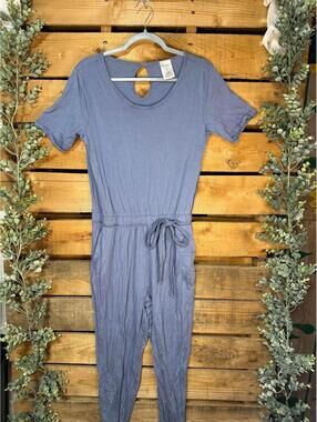 Serra Blue Short Sleeve Jumpsuit with Tie Waist